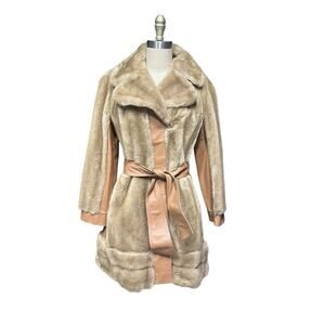 Vintage 70s Tissavel Faux Fur & Leather Belted Coat Old Money Hollywood Glam